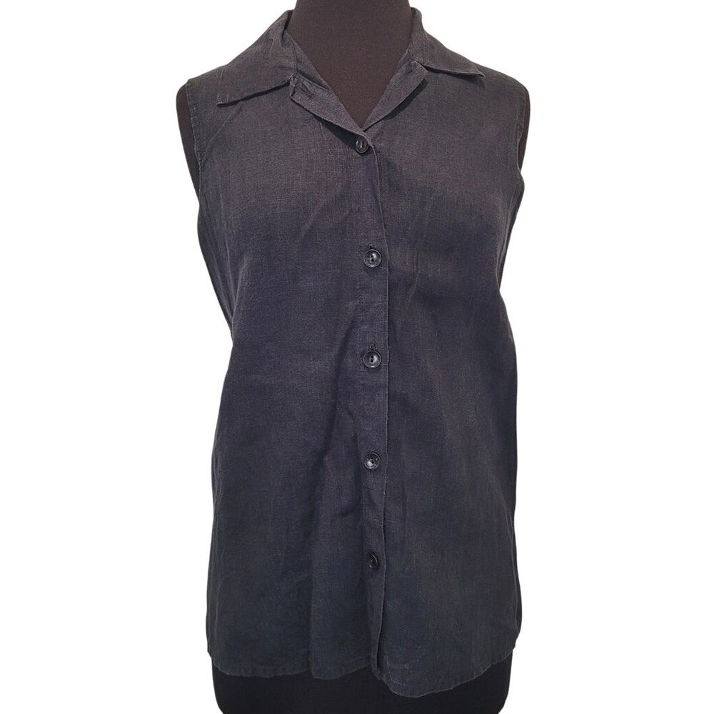 VTG FLAX Linen Sleeveless Button Down Black M Lagenlook Minimalist Chic